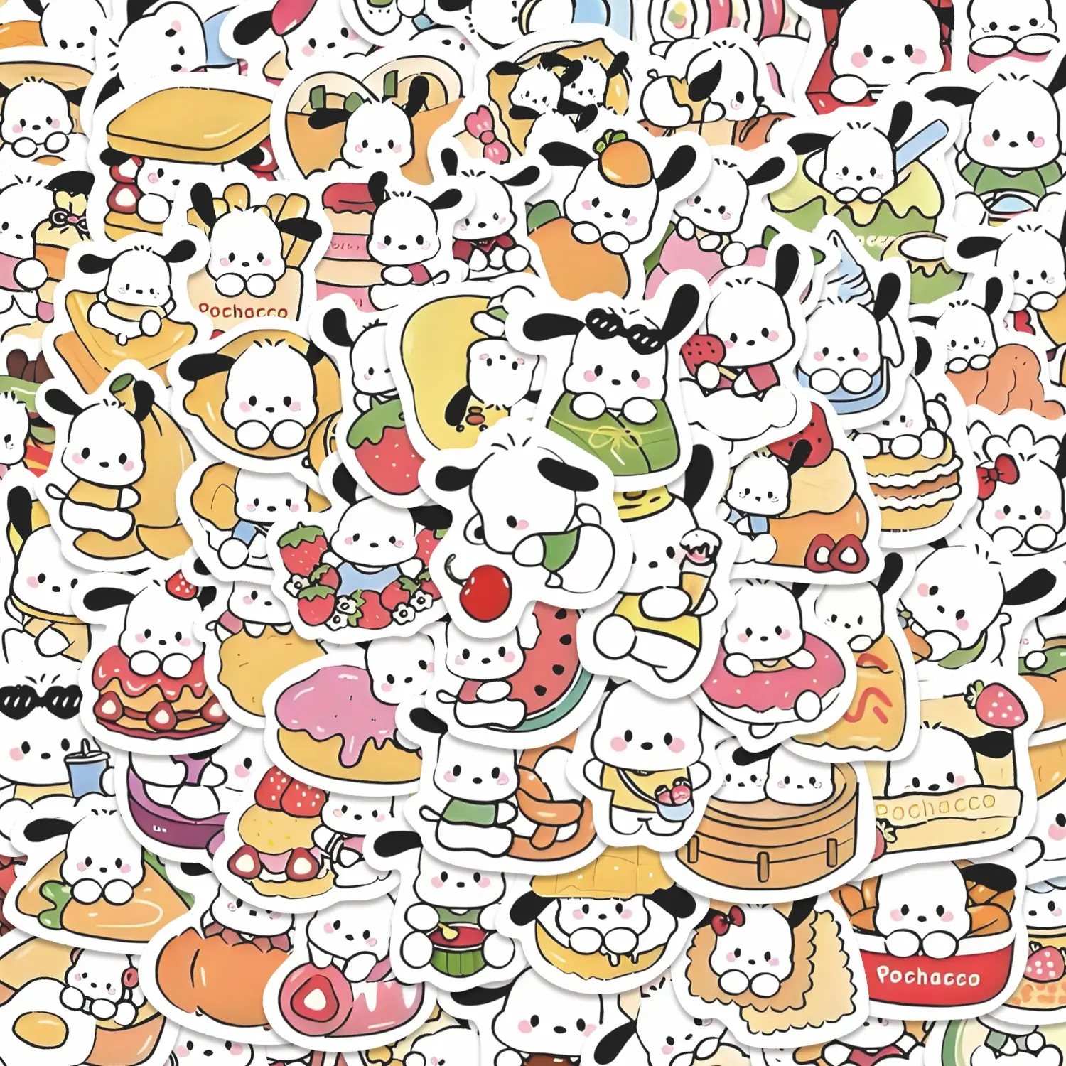 100pcs Pochacco Kawaii Food Stickers Pack, Stickers for Scrapbooking, Waterproof Cute Sanrio Dessert & Snack Decals for Laptop, Water Bottle, Journal & Scrapbook, Sanrio Fan Gift