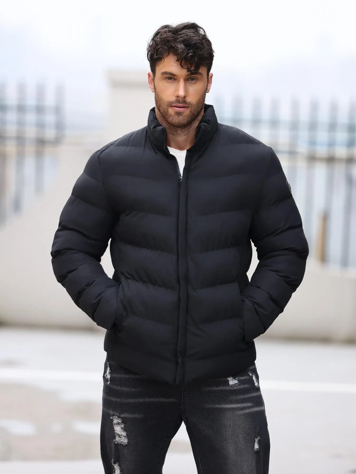 Men's Plain Pocket Zip Up Thickened Warm Puffer Coat, Casual Stylish Versatile Stand Collar Long Sleeve Padded Outerwear, Men Designer Clothes, Jacke