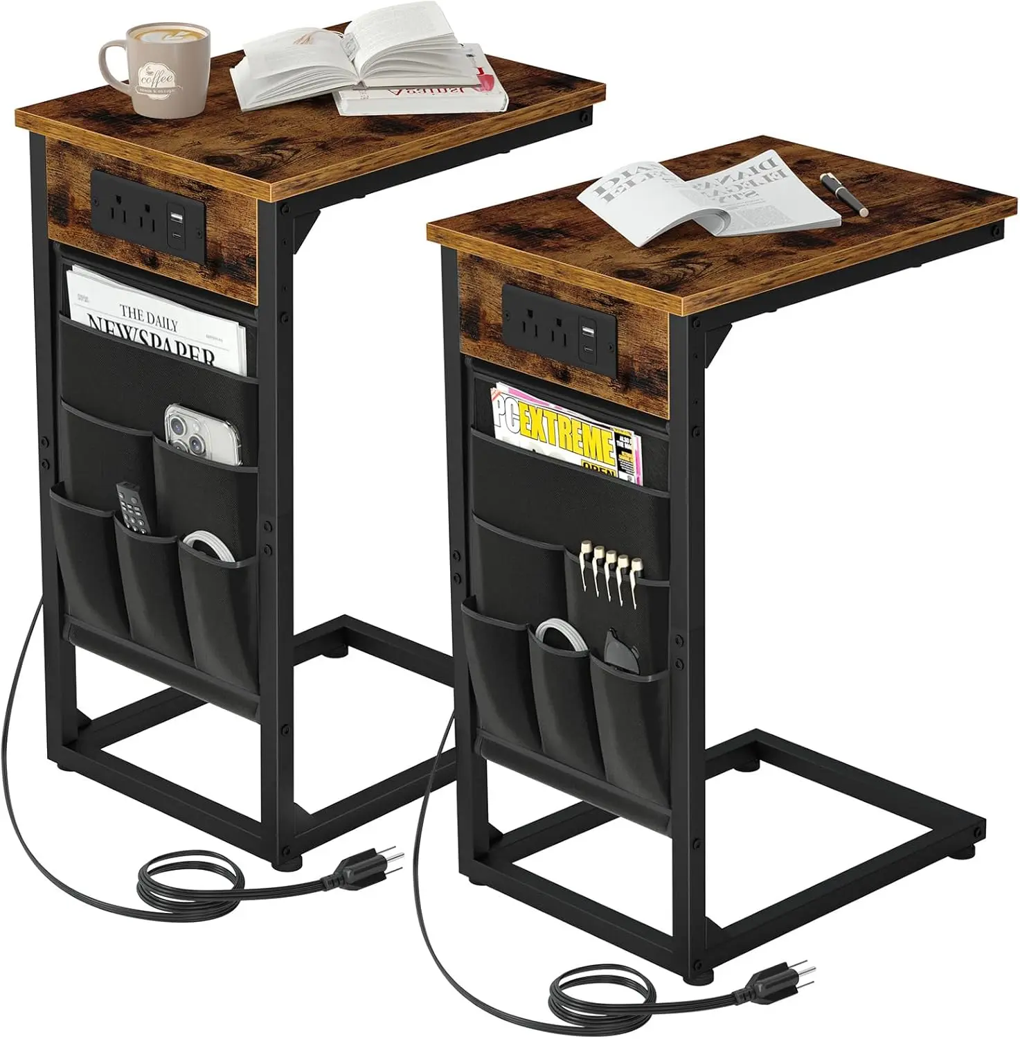 C Shaped End Table with Charging Station, TV Trays, Set of 2| Couch Side Tables That Slide Under Sofa for Eating, with Storage Bag, USB Ports, for Living Room, Bedroom, Rustic Brown