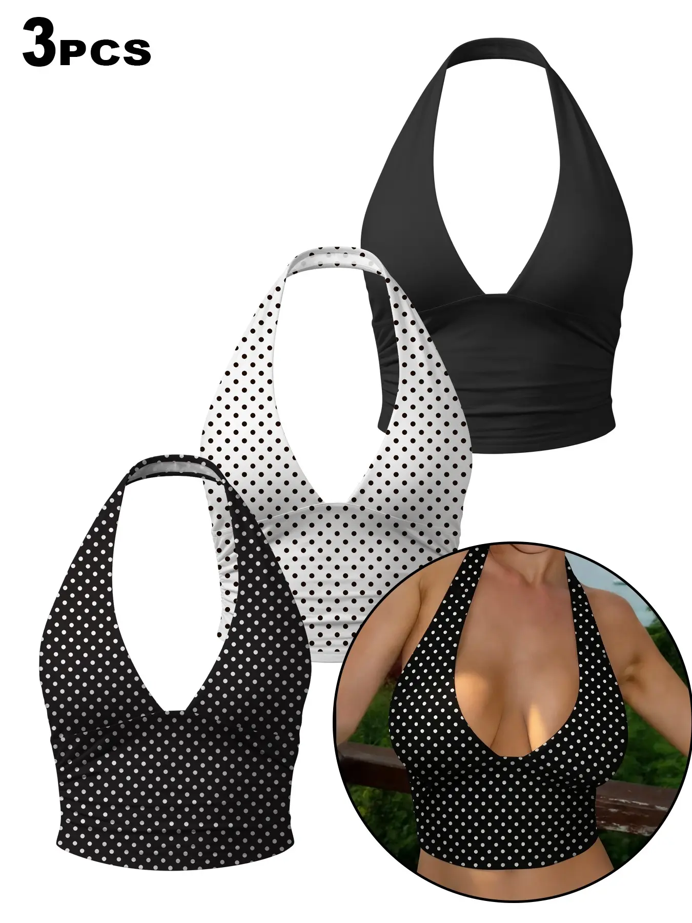 2026 Women's 3 Pack Halter Neck Criss Cross Crop Tops Set, Fitted, Cutout Halter, Solid Black/White Deep V Sleeveless Y2K Tops, Club, Festival, Street Style, Daily Wear, Beach Summer Outfits for Teen Girls & Young Women, Coquette Aesthetic Streetwear