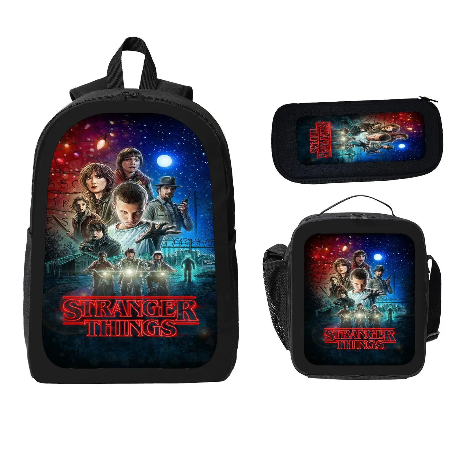 Stranger Things 3 Pcs School Backpack Set for Boys Girls Kids, Large Capacity Bookbag with Insulated Lunch Bag Pencil Case, Water Resistant Travel Daypack for Elementary Middle School c-78