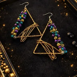 Triangle Beaded Earrings - Gold Color, Multicolor Beads, Dangle Design, Perfect for All Seasons