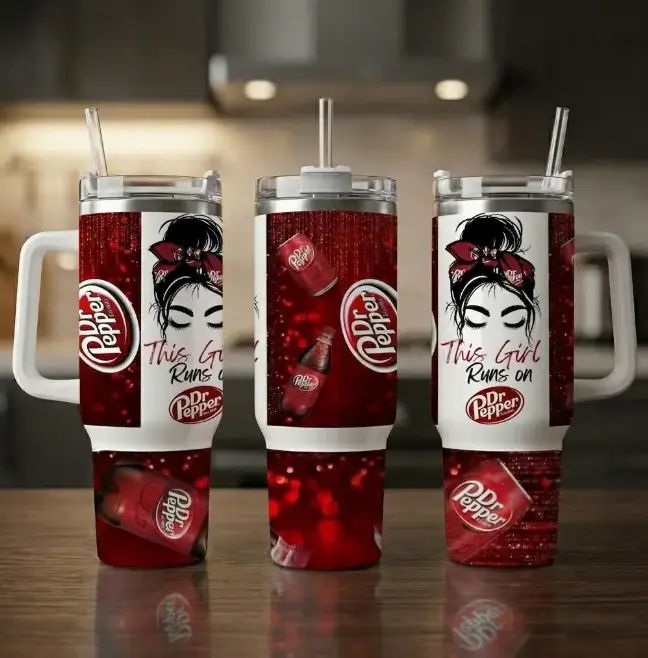 [Soda Pop Culture, Red Glitter Sparkle & Funny Quote Aesthetic] 40oz "This Girl Runs On Pepp3r's" Stainless Steel Tumbler with Handle, Red Glitter Sparkle Insulated Travel Mug with Lid & Straw - Cute Soda Lover Gift
