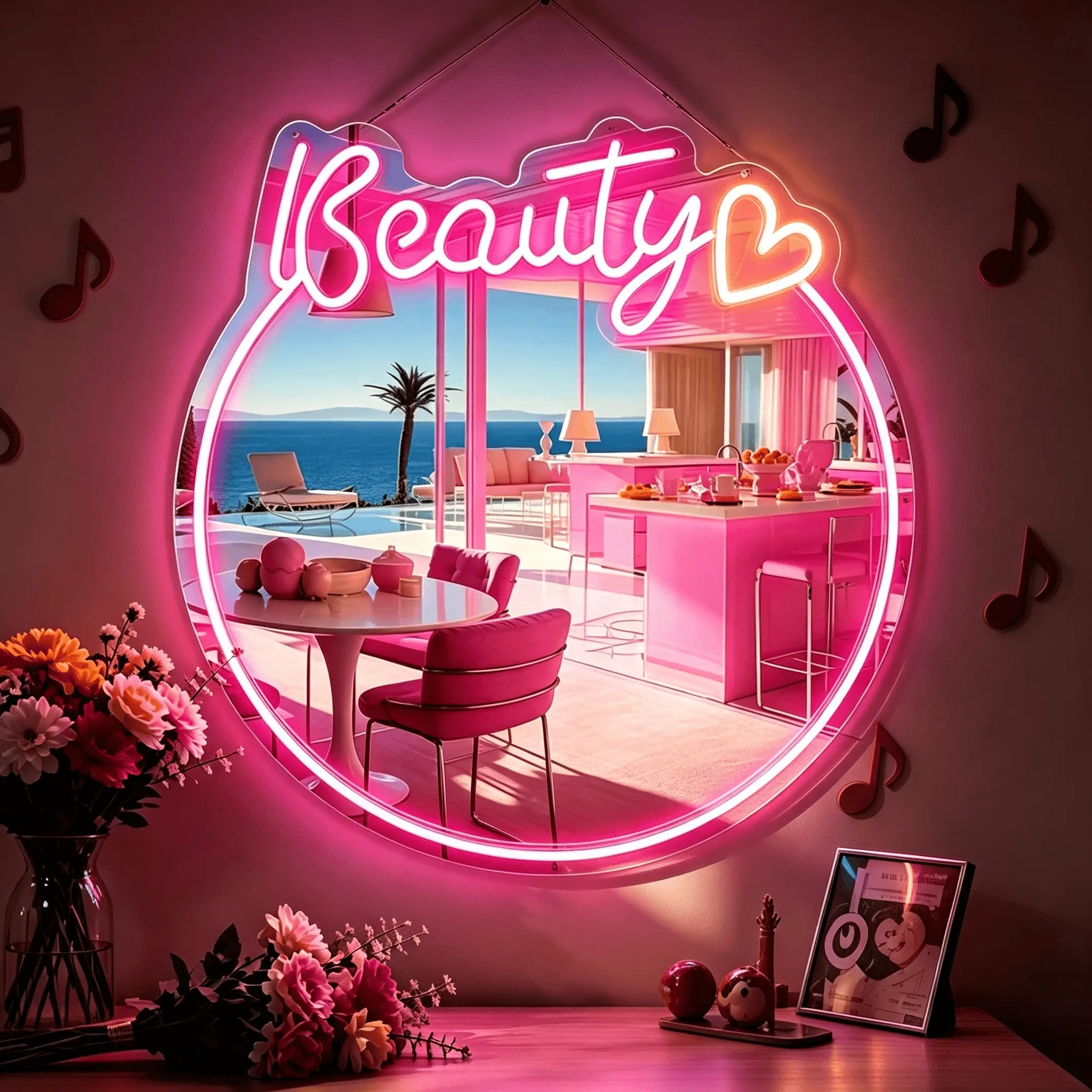 Dimmable Beauty Neon Vanity Mirror Pink Hello Kitty Shaped LED Neon Sign Mirror 2 in 1 Wall Mounted USB Powered Vanity Light for Beauty Salon Nail Room Girls Bedroom Dorm Makeup Room Pink Aesthetic Decor Cute Gift for Beauty Lovers Women Girls
