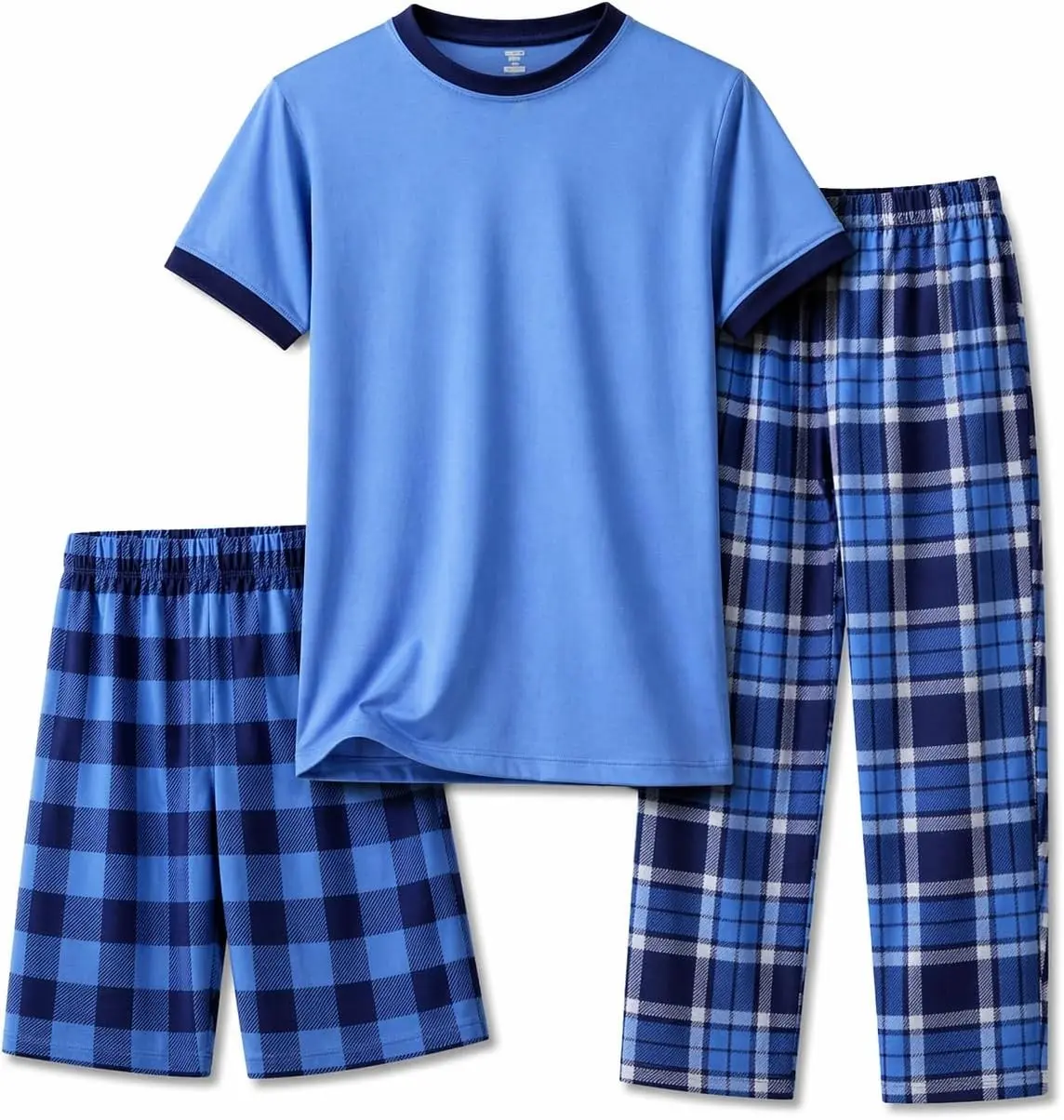 US Angels Boys Pajamas Set | 3-Piece Pant, Shirt, Shorts Sleepwear Pjs for Kids | Loose Fit, Soft, Breathable Blue Plaid