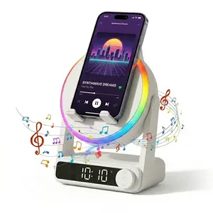 MFHHFM Induction Speaker with Phone Stand, 5 in 1 Wireless Induction Bluetooth Speaker, Digital Alarm Clock, RGB Colorful Night Light, Stereo Phone Sound Amplifier for iPhone, Android & Tablets, Tech Gifts for Men Women Teens