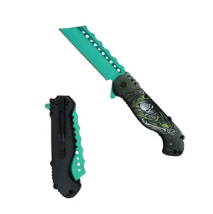 Fantasy Knife Spring Assist Folding Knife Zombie Apocalypse Skull Design Handle Green Blade