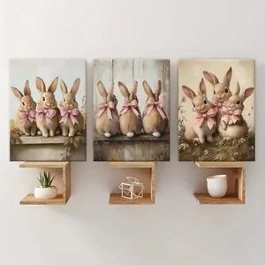 Wooden Framed Canvas Painting, 3 Counts/set Cute Rabbit Pattern Vintage Poster, Modern Art, Perfect Living Room Decoration, Ornaments