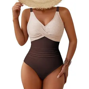 Women One Piece Swimsuit 2026 Patchwork Twist Front V Neck Tummy Control