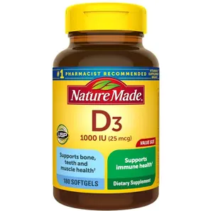 Nature Made Vitamin D3 1000 IU (25 mcg), Vitamin D Supplement for Bone, Teeth, Muscle and Immune Health Support, 180 Softgels, 180 Day Supply