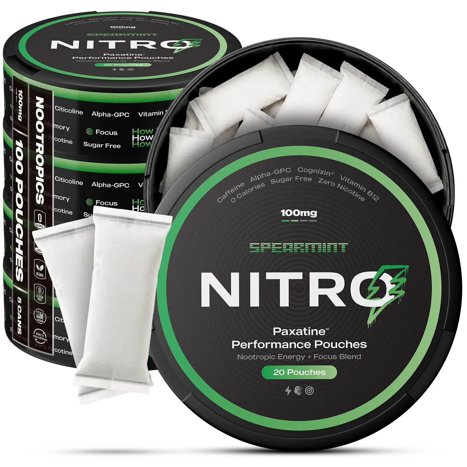 Nitro Nootropic Pouches - Energy + Focus - 100mg Caffeine, Alpha GPC, Cognizin Citicoline, L-Theanine, Vitamin B12 - No Sugar, Nicotine-Free - 20 Pouches Per Can - 3 Pack - Spearmint