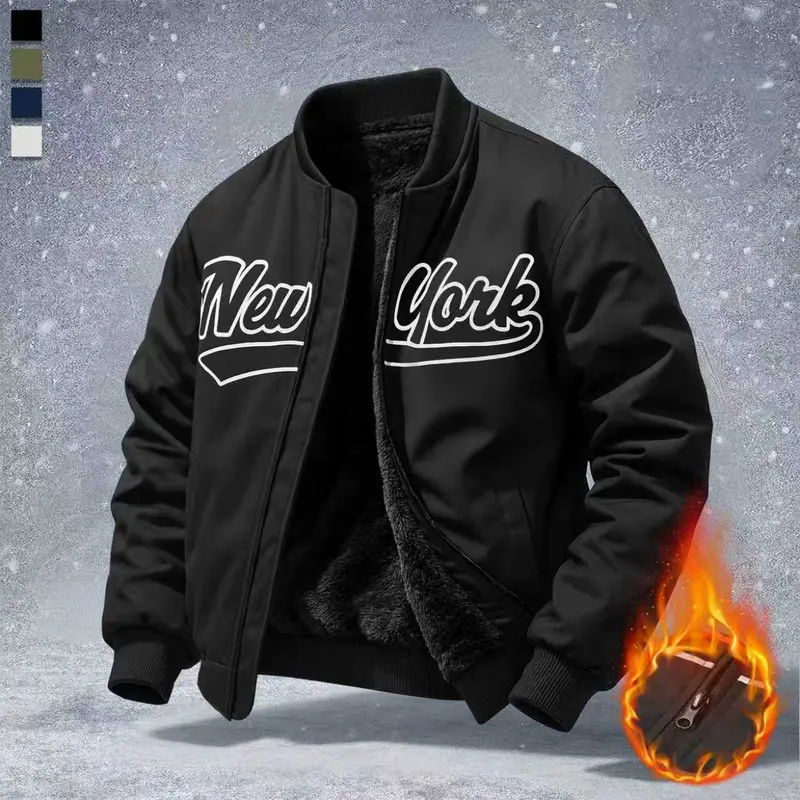 Men's Casual Classic Baseball Jacket with "New York" Print Winter Snow Coat Fleece Lining Windproof Design for Skiing Hiking Camping Fishing Mountaineering Travel Menswear Loose Tops Stylish