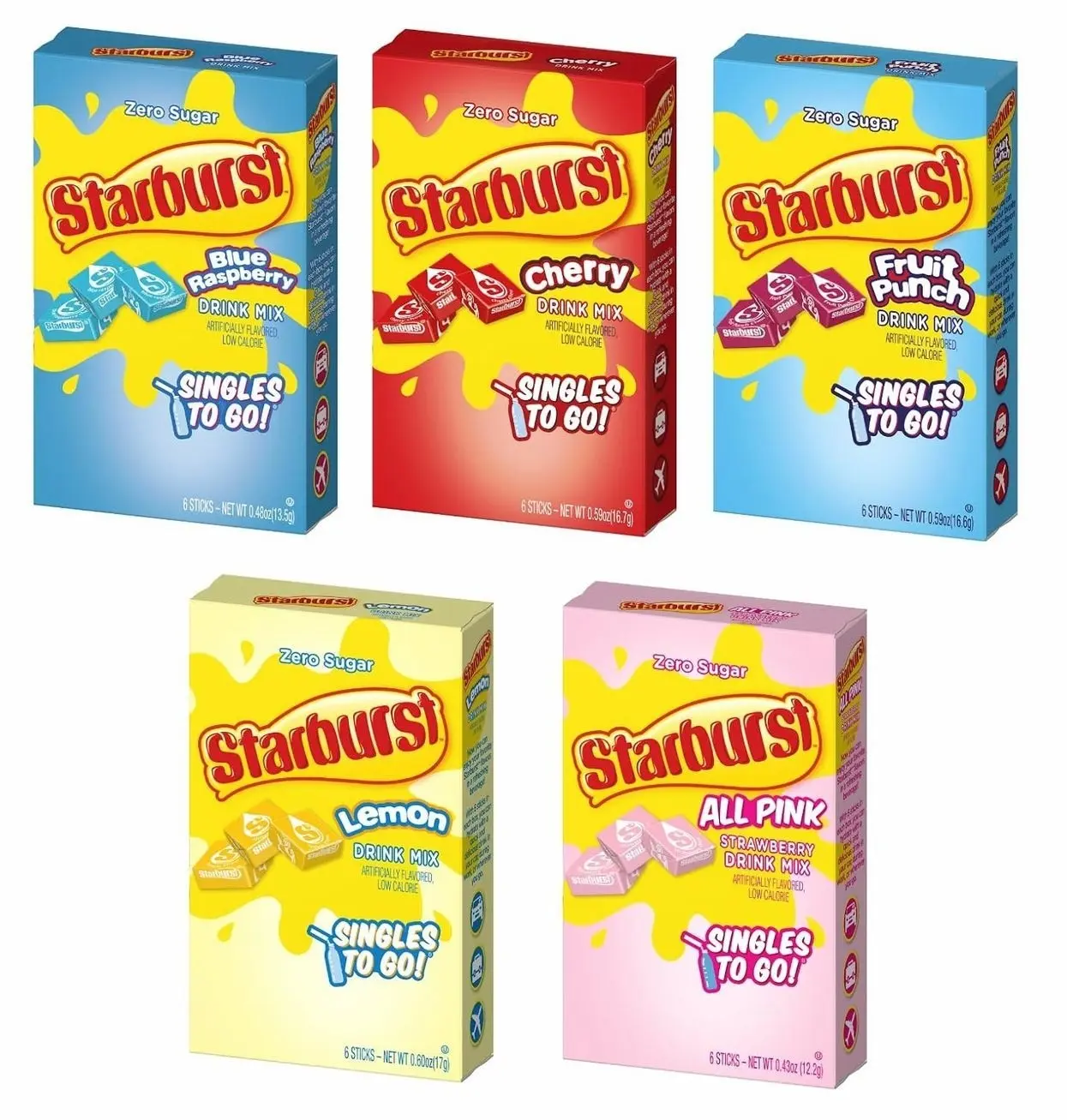 Starburst Singles to Go Variety Pack: All 5 Flavors (Raspberry, Cherry, Fruit Punch, Strawberry and Lemon) - 1 Box Each