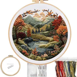 Embroidery Kit for Beginners, Boho Nature Landscape Pre-Stamped Pattern Kits for Adults with Hoop, Easy to Follow Color Thread Needlework, 8'' Hoop (Flowers Hills)