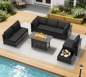 8 Piece Outdoor Patio Furniture Set, Outdoor Sectional Sofa with Firepit Table, Wicker Rattan Patio Furniture, Patio Conversation Set with Coffee Table & Cushions