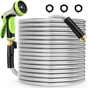 Metal Garden Hose 100 ft Stainless Steel Heavy Duty Water Hose with 10 Function Nozzles Flexible Lightweight Kink-Free Leakproof Sturdy Hoses Pipe 3/4" Brass Fitting for Outdoor Yard Lawn RV,cars accessories,car stuff