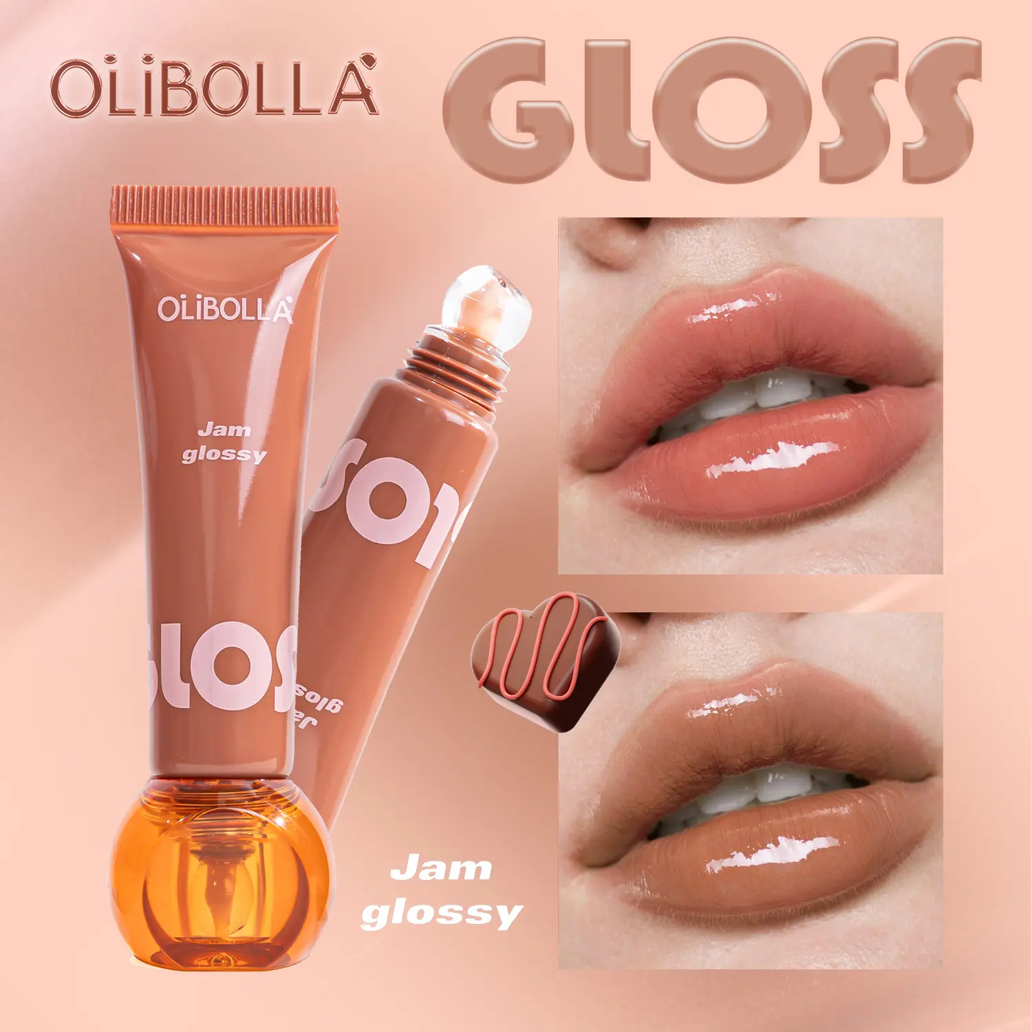 OLIBOLLA Brown Lip Stain, Chocolate Brown Glass Lip Tint, High Shine Glossy Lip Color, Long Lasting Hydrating Lip Tint for Nude Mocha Lips Lip Glaze Stick