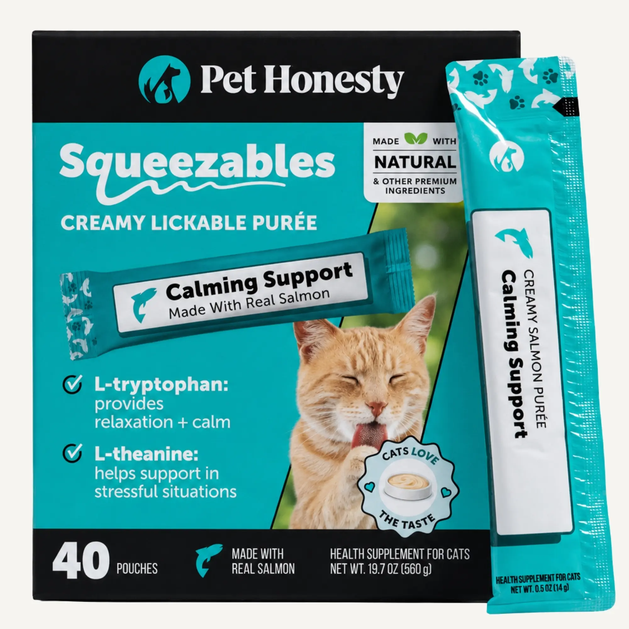 Pet Honesty Squeezables Calming Supplement Lickable Purees for Cats with Real Salmon, 40 Pouches Pet Honesty Squeezables Calming Supplement Lickable Purees for Cats with Real Salmon, 40 Pouches