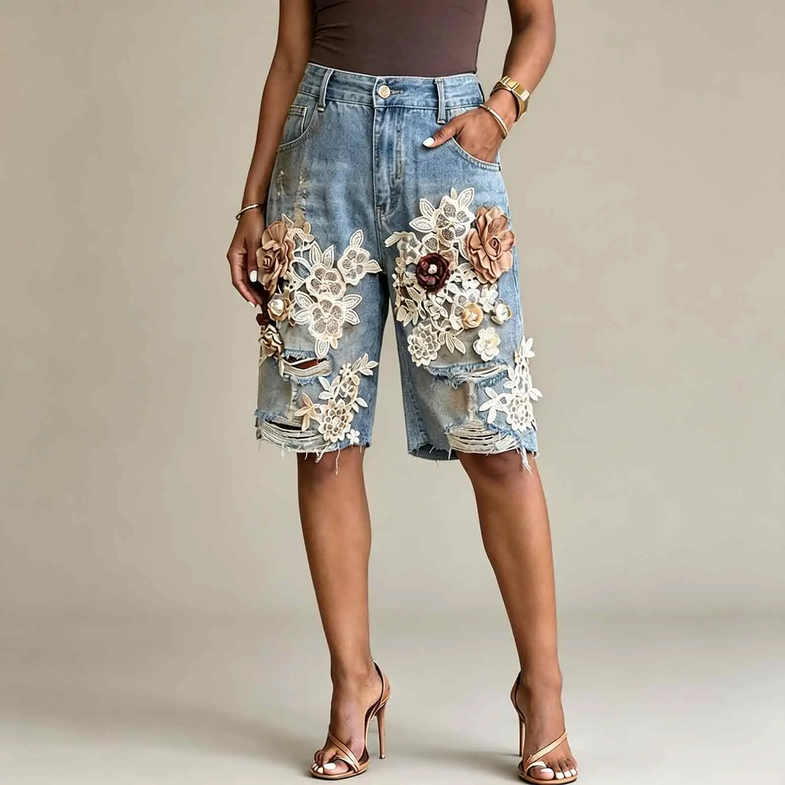 Women’s Mid-Waist Baggy Patchwork Denim Bermuda Shorts - Colorblock Cargo Jorts, Loose-Fit Knee-Length Bottoms with Pockets, Retro Look Raw Hem Jean Shorts for Summer Streetwear,sohochic