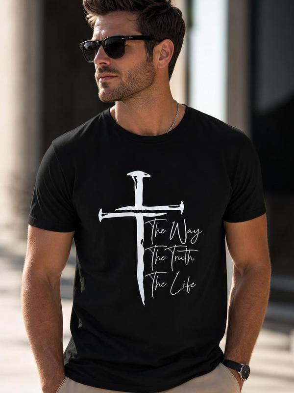 Men's Stylish Fitted Cotton Short-Sleeve Crew Neck Christian T-Shirt - 'The Way, The Truth, The Life' Sword-Cross Graphic Print, Cold Wash Recommended for Devoted Men | Menswear Top