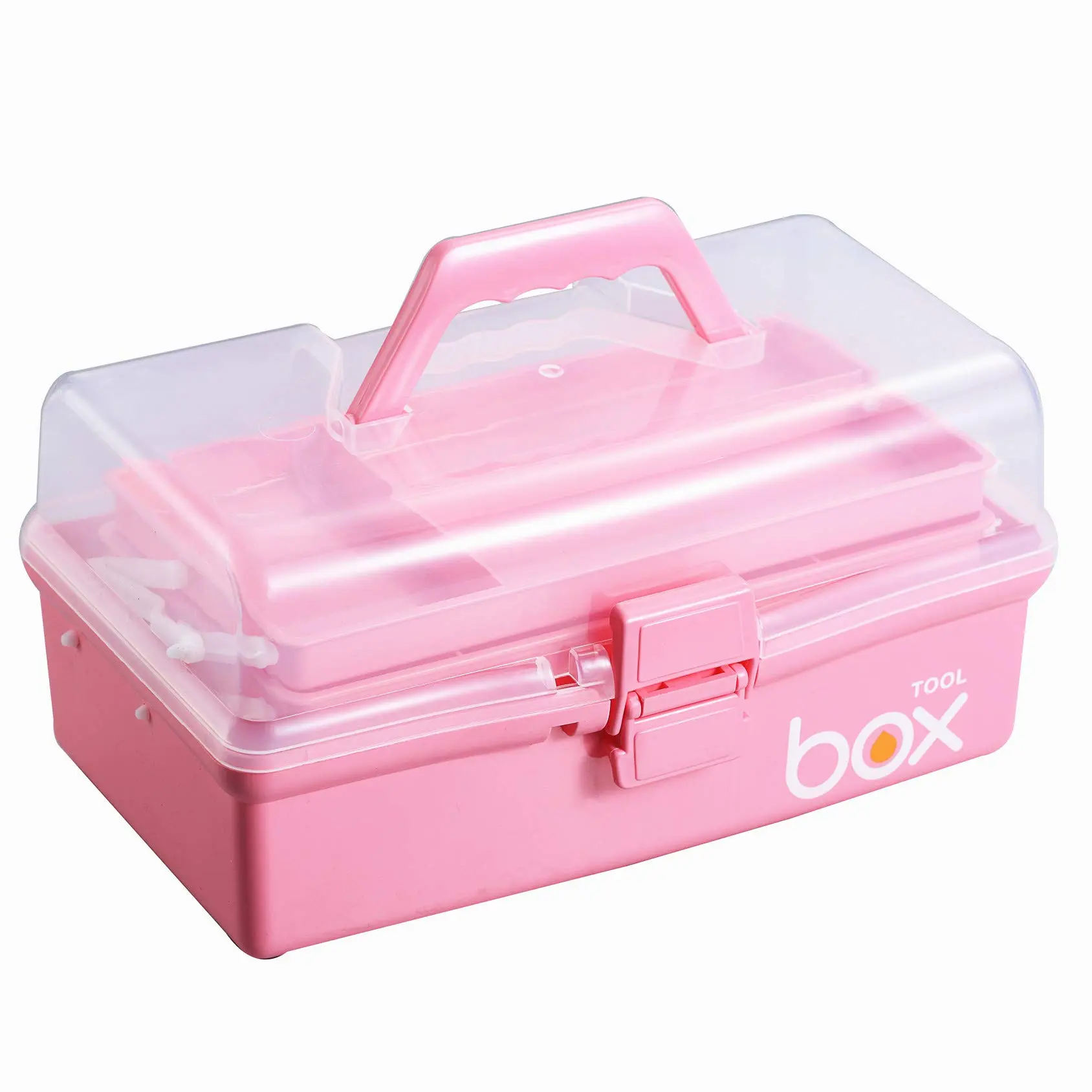 12'' Three-Layer Clear Plastic Storage Box with Handle, Craft Tool Box, 3 Layer Pink Tackle Box for Women, Organizer Box for Sewing Art and Cosmetic