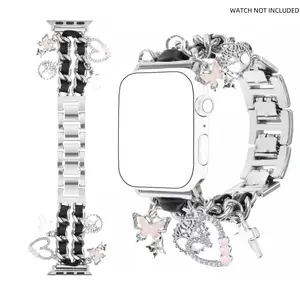 Metal strap compatible with Apple Watch strap 49/46/45/44/42mm 41/40/38mm women's, Cuban chain strap with cute pendant, love cross strap, Smart Watch Straps, Smart Watch Accessories, suitable for iWatch Series 10 9 8 7 6 5 4 SE Ultra 2