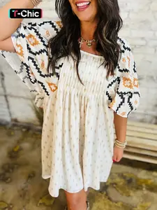 Women's All Over Print Shirred Dress, Bohemian Boho Fashion Square Neck A Line Short Beach Holiday Dress for Daily Holiday Vacation Wear, Ladies Dress for All Seasons