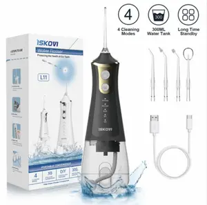 New L11 ISKOVI Cordless Water Flosser, 4 Cleaning Modes 300ML. USB Rechargeable, Dental Oral Irrigator for Home and Travel, IPX6 Waterproof Gum Care Tongue Cleaning Plaque Removal, Black/White, Compatible with Mouthwash Pulling Oil Cleansing