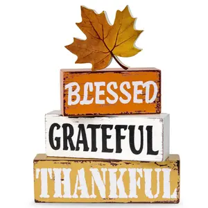 Thanksgiving Fall Decorations 4 PCS Wooden Table Decor with Blessed Grateful Thankful Lettering Handmade Autumn Crafts for Farmhouse Office Bedroom Kitchen Mantel & Tiered Tray Indoor Decor