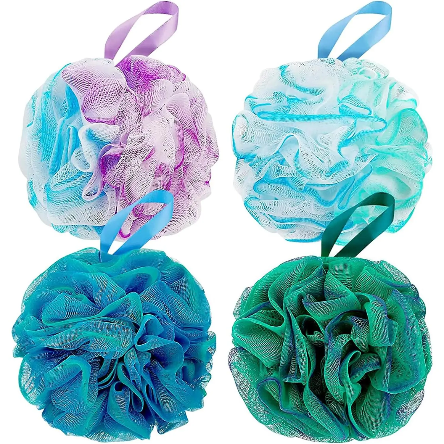 XL Hanging Exfoliating Shower Loofah Sponge Pouf - All-in-2 Set Loofahs, Sponges, & Poufs, Soft Fluffy Mesh, Reinforced Knot, Rich Lather, Smooth Texture, Colorful 4-Piece Set for Women, Ideal Gift for Men, All-In-One Set Loofahs, Sponges, & Poufs