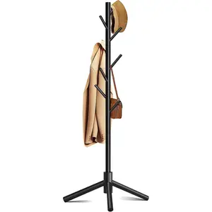 Freestanding Coat Rack with 8 Hooks 3 Adjustable Heights Coat Tree for Clothes Hats Handbags, Easy Assembly for Entryway Bedroom Hallway Office (Black)