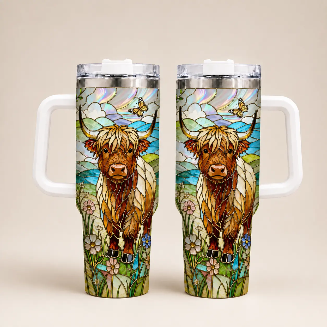 Highland Cow Stained Glass 40oz Tumbler with Handle, 2D Print Effect Floral Farmhouse Cattle Cup, Butterfly Meadow Insulated Tumbler with Straw