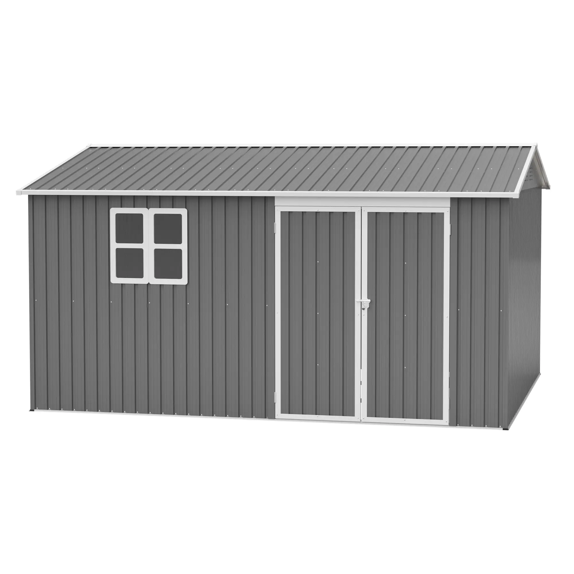 Outdoor Storage Shed, 12x10 FT Galvanized Steel Utility Building with Lockable Doors, Waterproof, Rust-Resistant, UV-Resistant, Grey Metal Finish