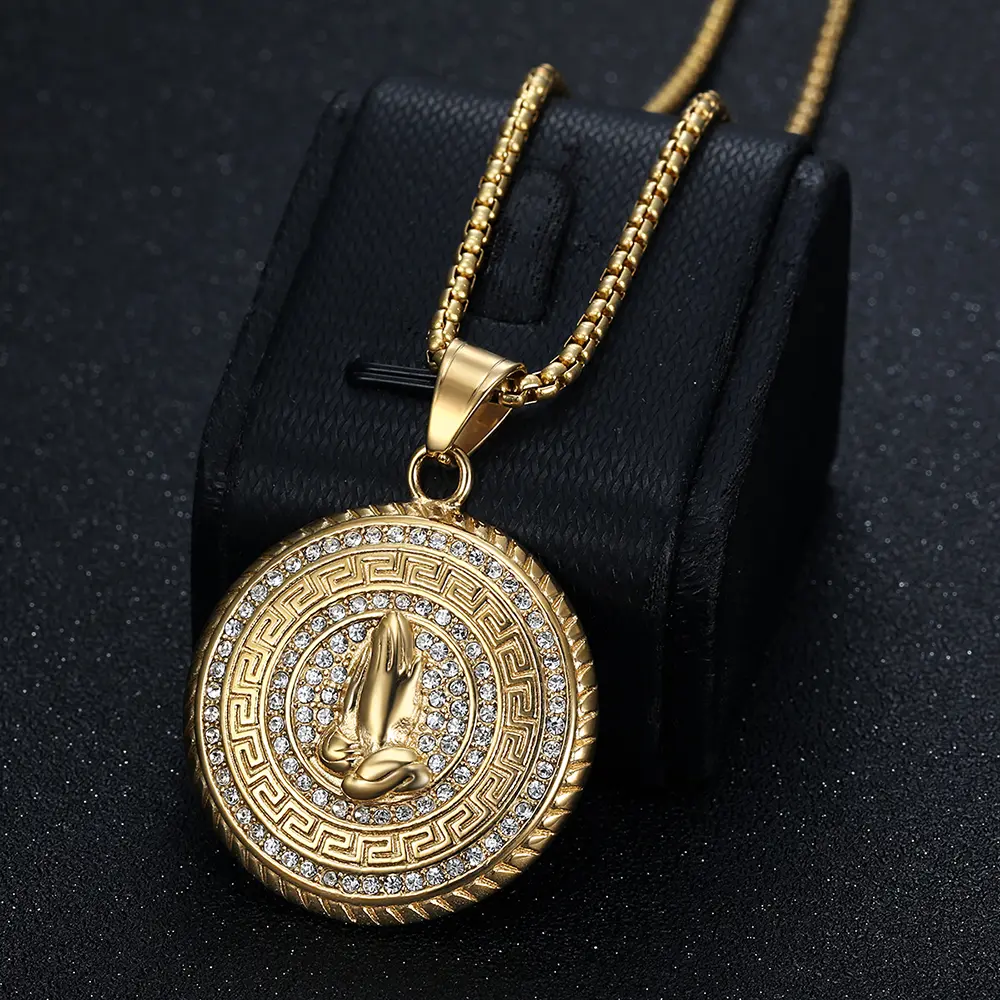 Faith Necklace for Men & Women, Christian Praying Hands Coin Pendant, Gold Stainless Steel Medal with Long Chain, Anniversary Bible Verse Jewelry