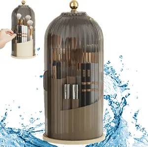  Makeup Brush Holder with Lid 360 Rotating Clear Dustproof Make Up Organizers for Vanity Bathroom Countertop, Transparent | with Lid, 360 Rotating, Dustproof