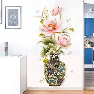 Chinese Style Vintage Lotus Vase Wall Decal, Elegant Floral Mural Art, Removable Wall Sticker for Living Room, Bedroom & Home Entrance Decor
