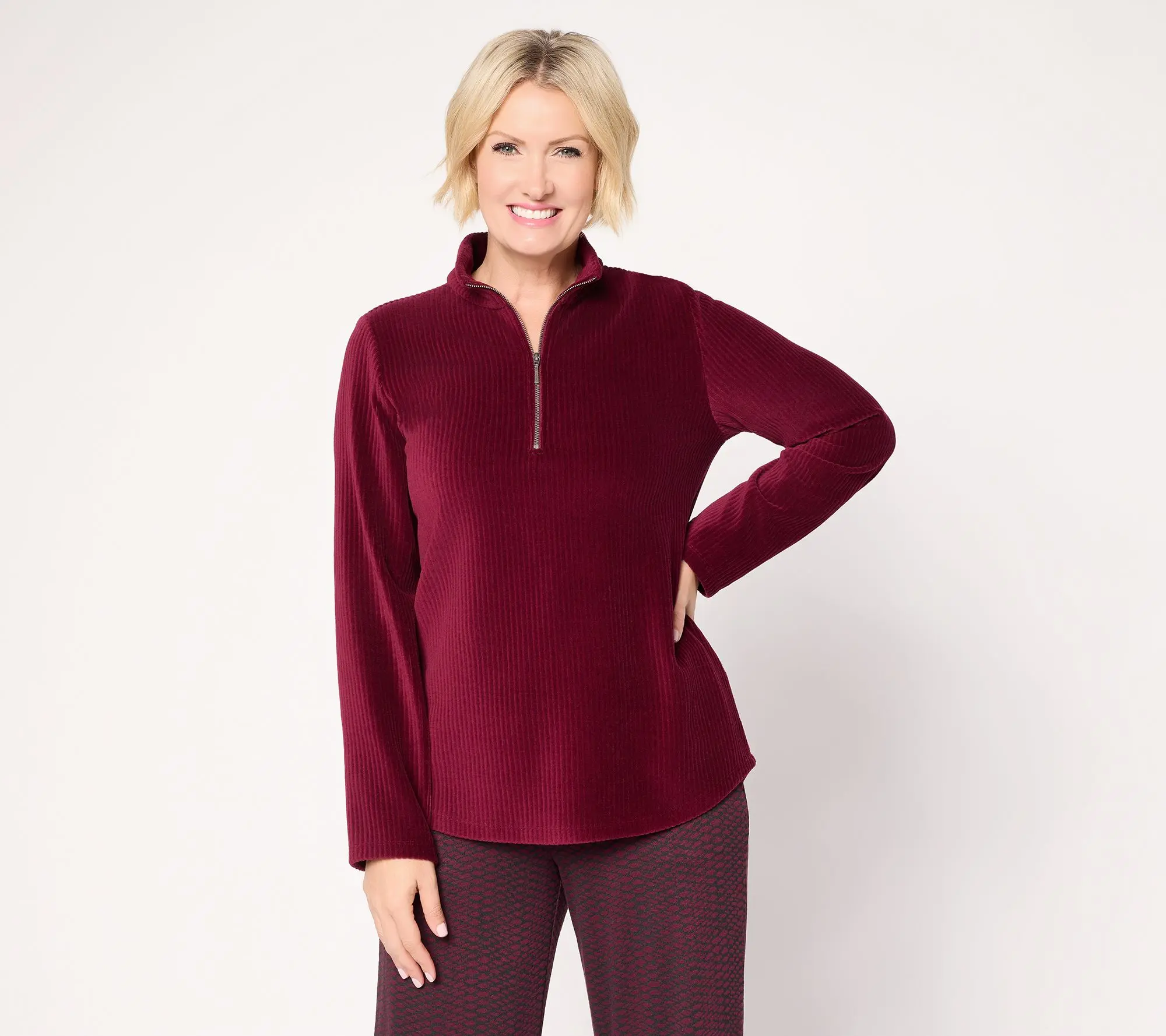 Siusan Graver Weekend Knit Corduroy  Half Zip Mock Neck Shirttail Top