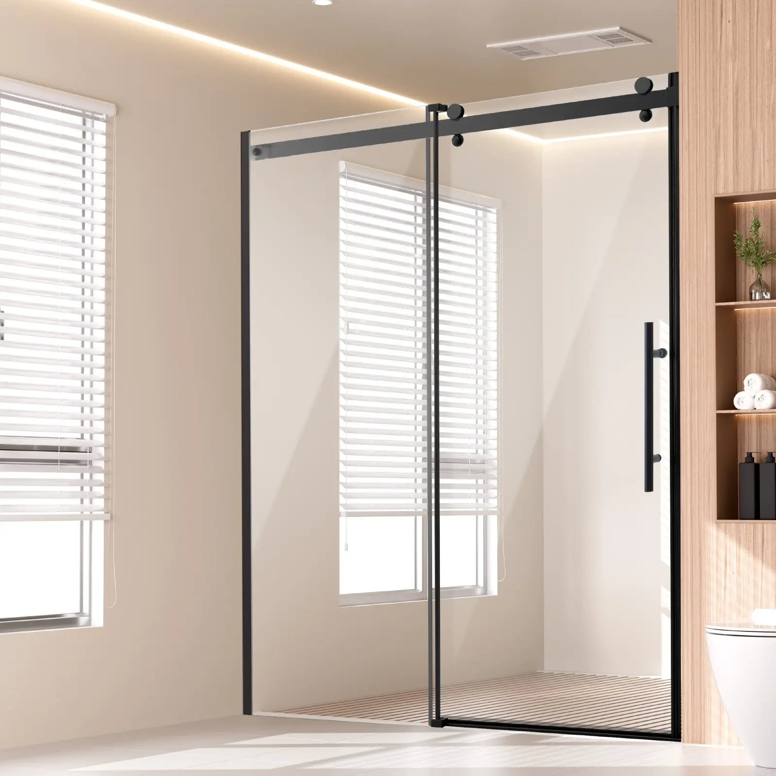 VEVOR Frameless Aluminium Double Sliding Doors, Adjustable 58-59 W x 75 H in Size, 5/16 in (8mm) SGCC Tempered Glass, Matte Black Everlasting Hardware, Anti-Collision Strips, Double Protection, 129.4 lbs, Waterproof Shatterproof Stainproof Design, Smooth,