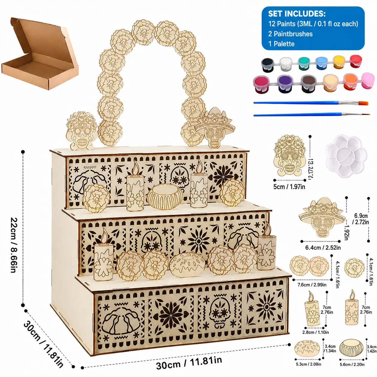 Unpainted DIY altar set with paints and brushes
