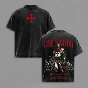 Crusader Defender of Faith Vintage Washed Oversized T-Shirt,Timothy 1:7 Scripture Knight Graphic Tee, Heavy Cotton Medieval Christian Streetwear Top, Unisex Dark Gothic Warrior Shirt