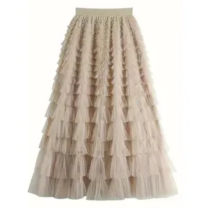 Women's Plain Ruffle Hem Tiered Layer Skirt, Casual Elegant High Waist Long Skirt for Vacation Holiday Party, Skirts for Women, Ladies Bottoms for All Seasons