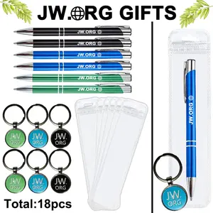 18pcs JW.ORG Gifts Set, 6pcs Metal Retractable Ballpoint Pens+ 6pcs Keychains+ 6pcs Pen Bags, Jehovah's Witnesses Religious Gift Supplies for Office, School, Ministry Writing Pens