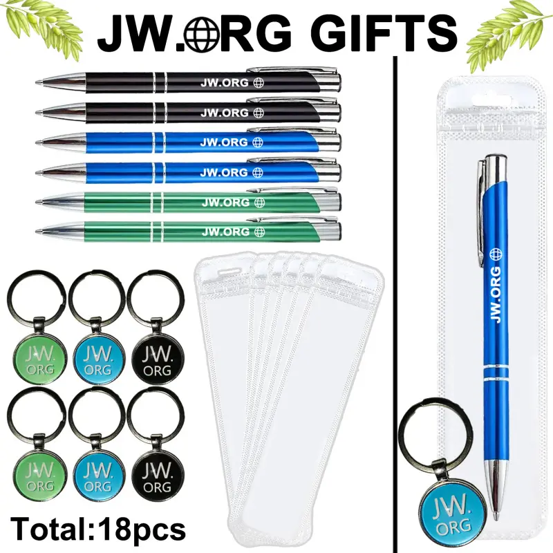 18pcs JW.ORG Gifts Set, 6pcs Metal Retractable Ballpoint Pens+ 6pcs Keychains+ 6pcs Pen Bags, Jehovah's Witnesses Religious Gift Supplies for Office, School, Ministry Writing Pens