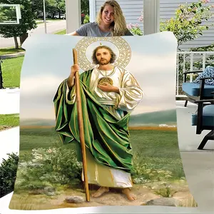 Vintage Style St. Jude Flannel Blanket-Soft, Tear-Resistant and Machine Washable, Suitable for Bed, Sofa, Camping-Full Color Printed Jesus Christ Design, Green, 280G/M2,Vintage Home Decor Enthusiasts,Religious Devotees
