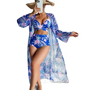 YOUNGDEER Women’s 3 Piece Bikini Set, Printed Triangle Swimsuit with Cover Up Skirt, Tie String Bathing Suit