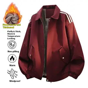 Men's Wine Red Fleece Lined Jacket - Thickened, Windproof & Warm (With Striped Details)