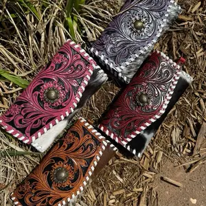 Handcrafted Leather Wallets with Intricate Floral Embossing and Distinctive Color Options for Everyday Use