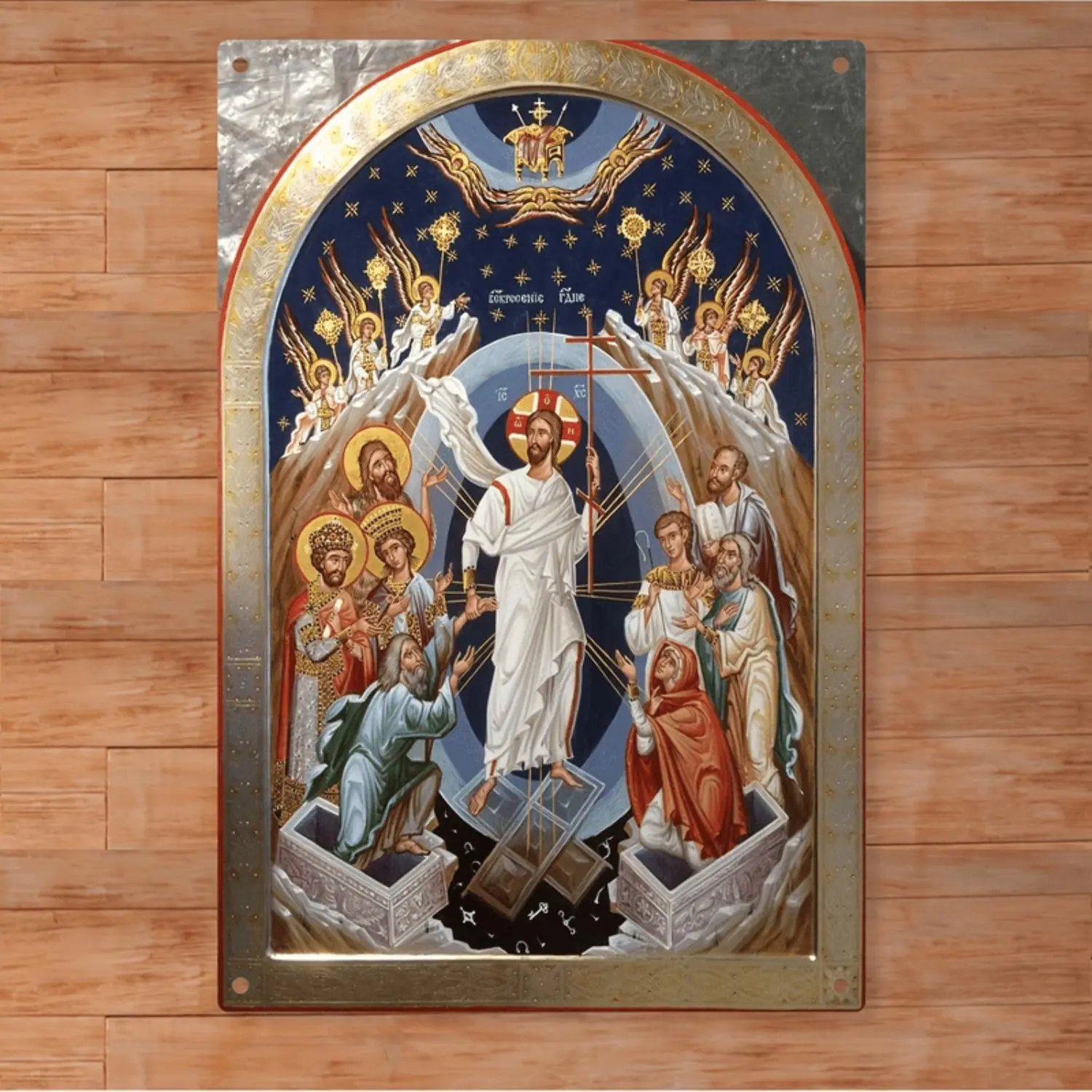 Byzantine Style Orthodox Christian Tin Sign Wall Art Featuring Jesus Resurrection Angels and Saints Indoor Outdoor Decor for Home or Church
