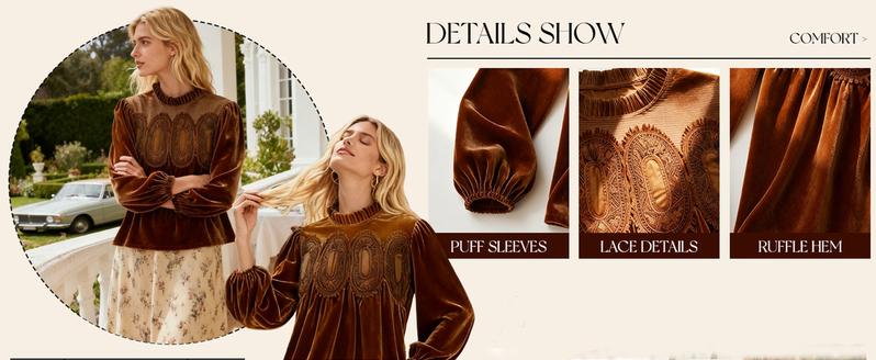Yeokou Women's Long Sleeve Velvet Trim Lace Blouse Elegant Flared Swing Top Round Neck Casual Wear for Parties Weddings Dinners Office Dates Yeokou Women's Long Sleeve Velvet Trim Lace Blouse Elegant Flared Swing Top Round Neck Casual Wear for Parties Weddings Dinners Office Dates