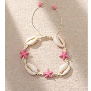 Pink Sea Shell Starfish Bracelet , Boho Style Shell Charm Beaded Bracelets, Fashion Trendy Matching Accessories, Summer Beach